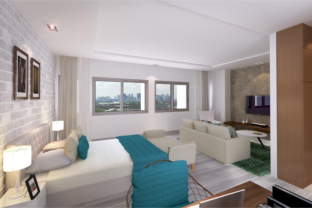 An artist 's impression of a bedroom with a bed , couch , and television.