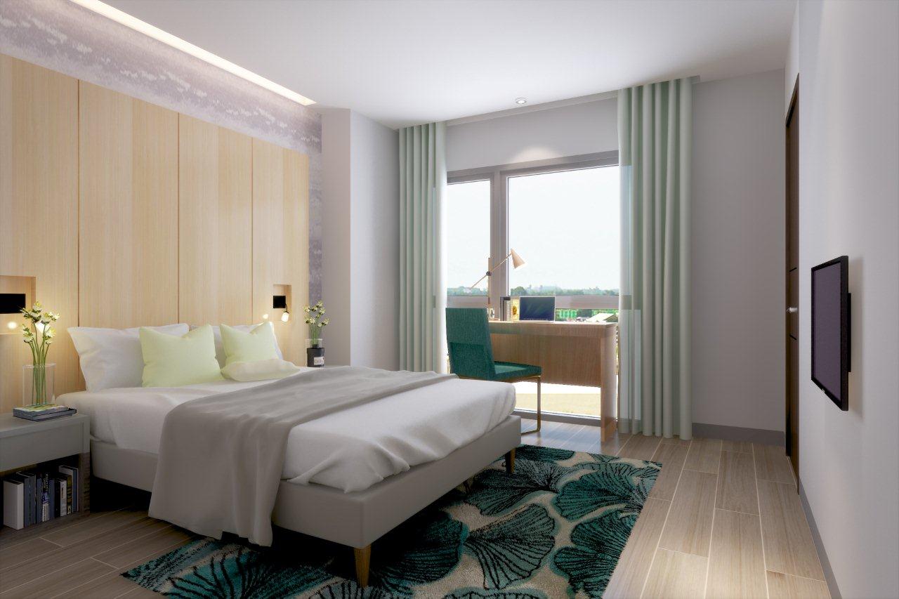 An artist 's impression of a hotel room with a king size bed , desk and television.