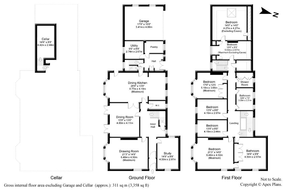 Floor plan of a house with ground floor, first floor, and garage layouts.
