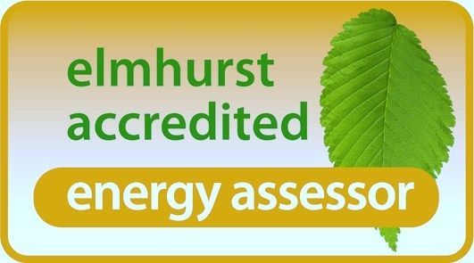 Badge for Elmhurst accredited energy assessor, with green leaf graphic.