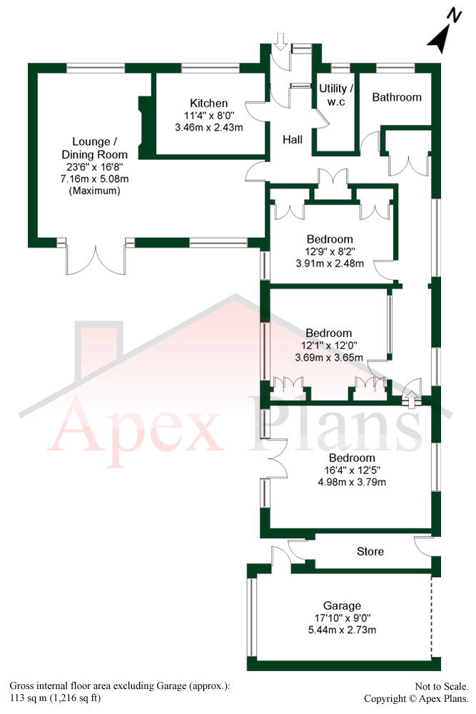 Floor plan of a house, featuring rooms like a lounge, kitchen, bedrooms, and a garage.