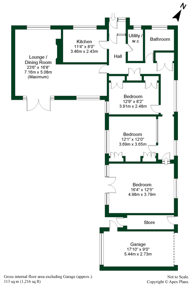 Floor plan of a house with labels for rooms including a lounge, kitchen, bedrooms, and garage.