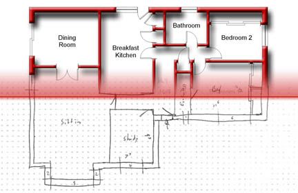 Floor plan with a dining room, kitchen, bathroom, and bedroom, overlaid on a sketched design.