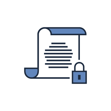 A blue icon of a scroll with a padlock attached to it.