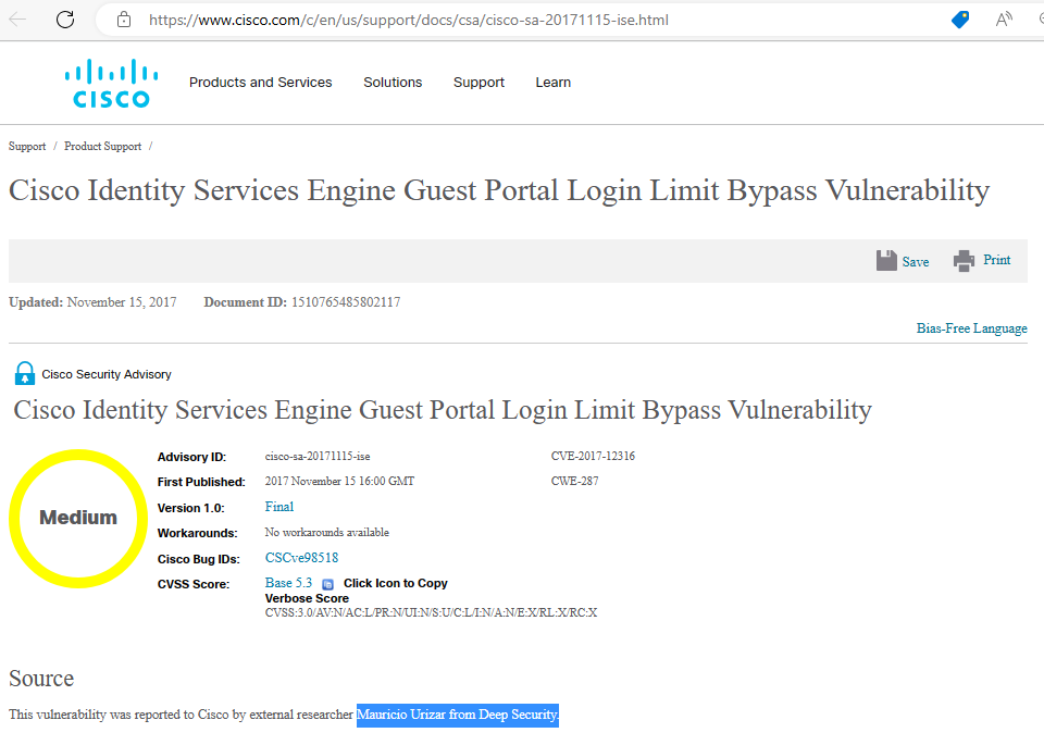 Una captura de pantalla de una vulnerabilidad de omisión del límite de inicio de sesión del portal de invitados del motor de servicios de identidad de Cisco.