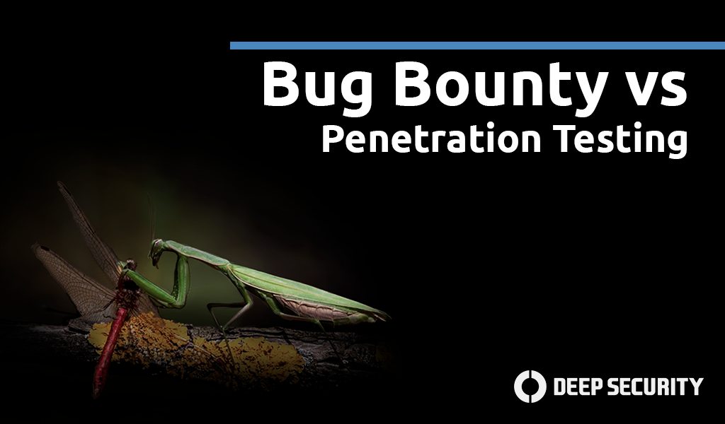 Una langosta verde en una rama, y el mensaje de pruebas de penetración vs bug bounty