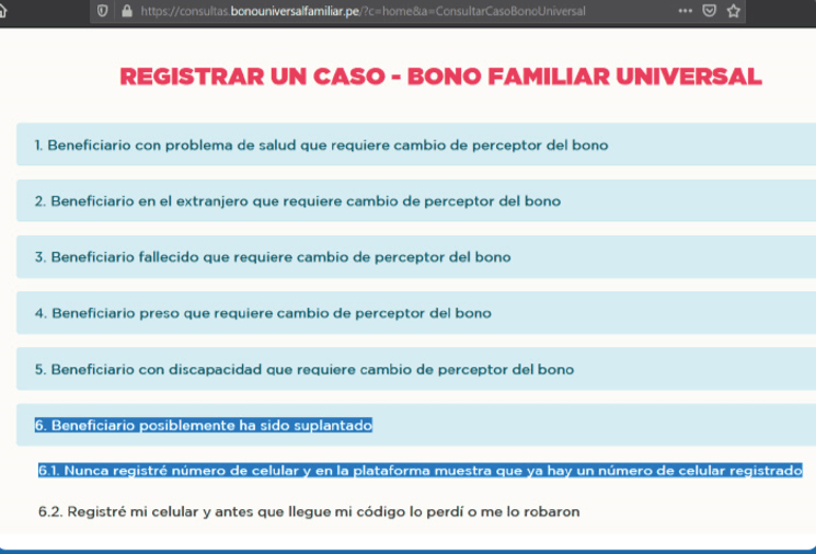 A web page that says registrar un caso bono familiar universal