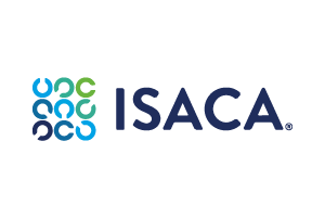 El logo de isaca es azul y verde sobre un fondo blanco.