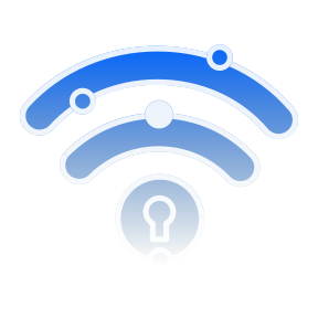 Un ícono de wifi azul y blanco con un ojo de cerradura en el medio.