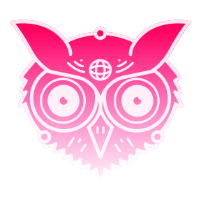 A pink and white owl with a globe on its head