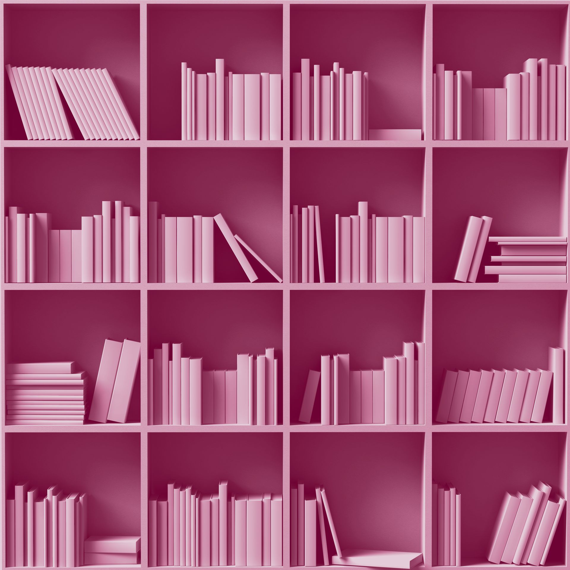 Monotone burgundy image of grid of bookshelves featuring a collection of books with white covers and spines.
