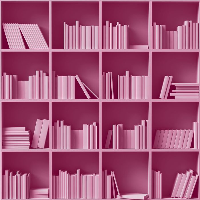 Monotone burgundy image of grid of bookshelves featuring a collection of books with white covers and spines.