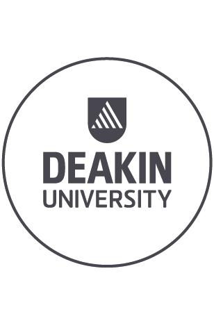 Corporate logo of Deakin University featuring lined-triangle in shield graphic and text, grey version