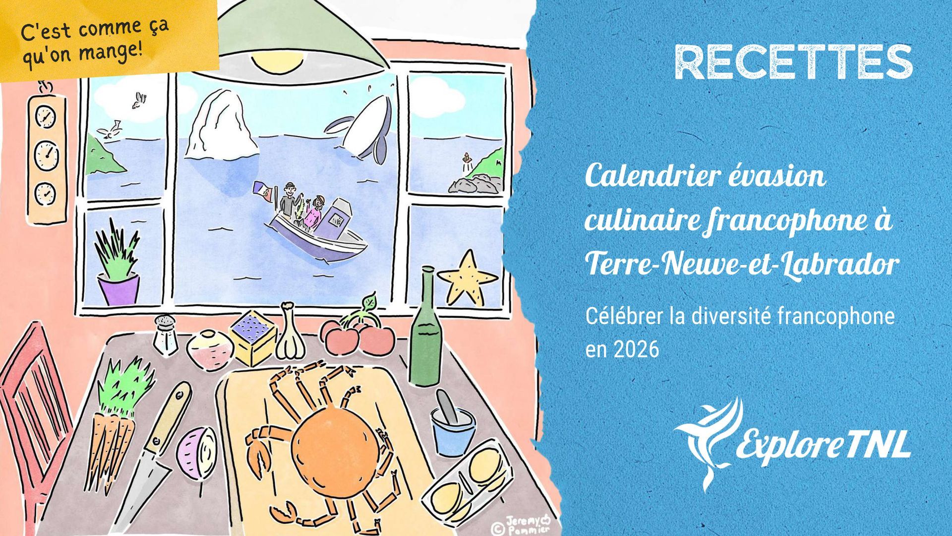 Page illustrée de recettes avec des aliments, des ustensiles de cuisine colorés.