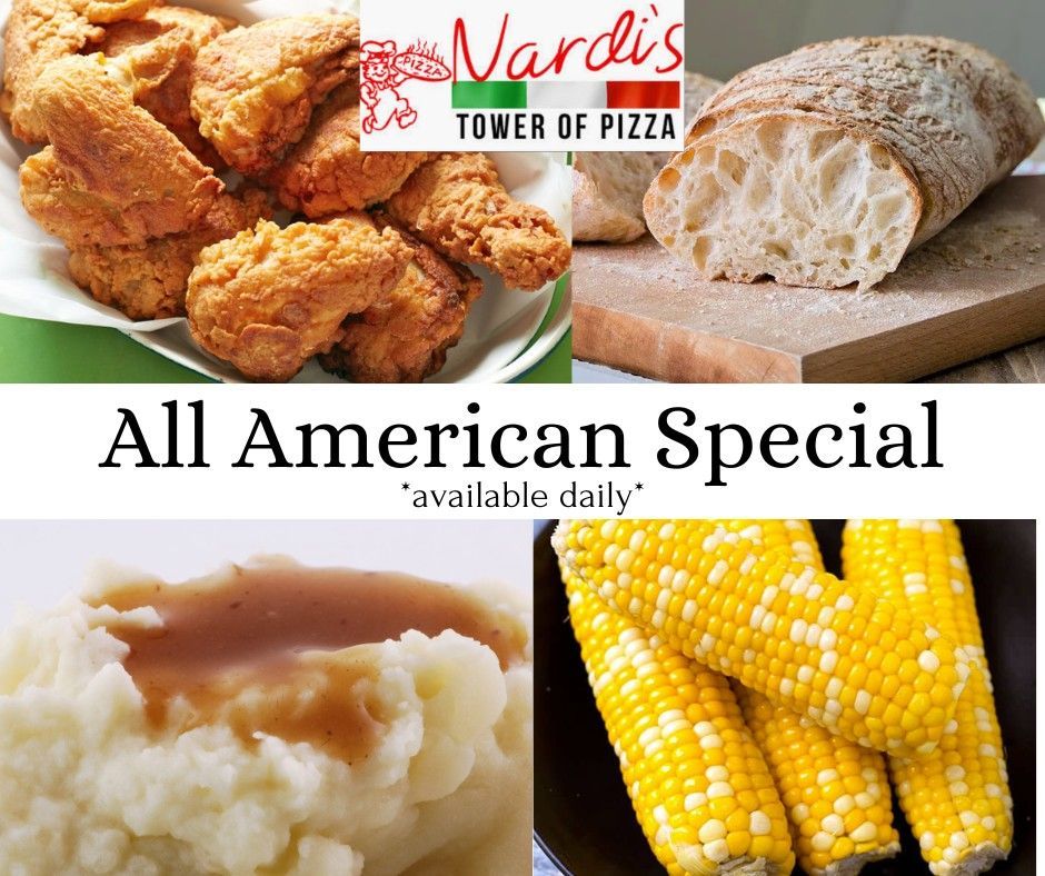 An advertisement for vardi 's tower of pizza shows fried chicken mashed potatoes corn on the cob and bread