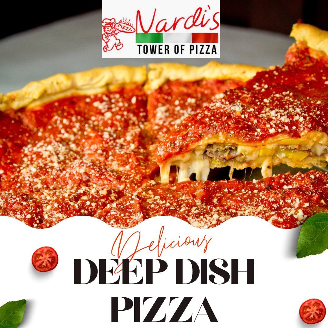 A deep dish pizza from nardis tower of pizza
