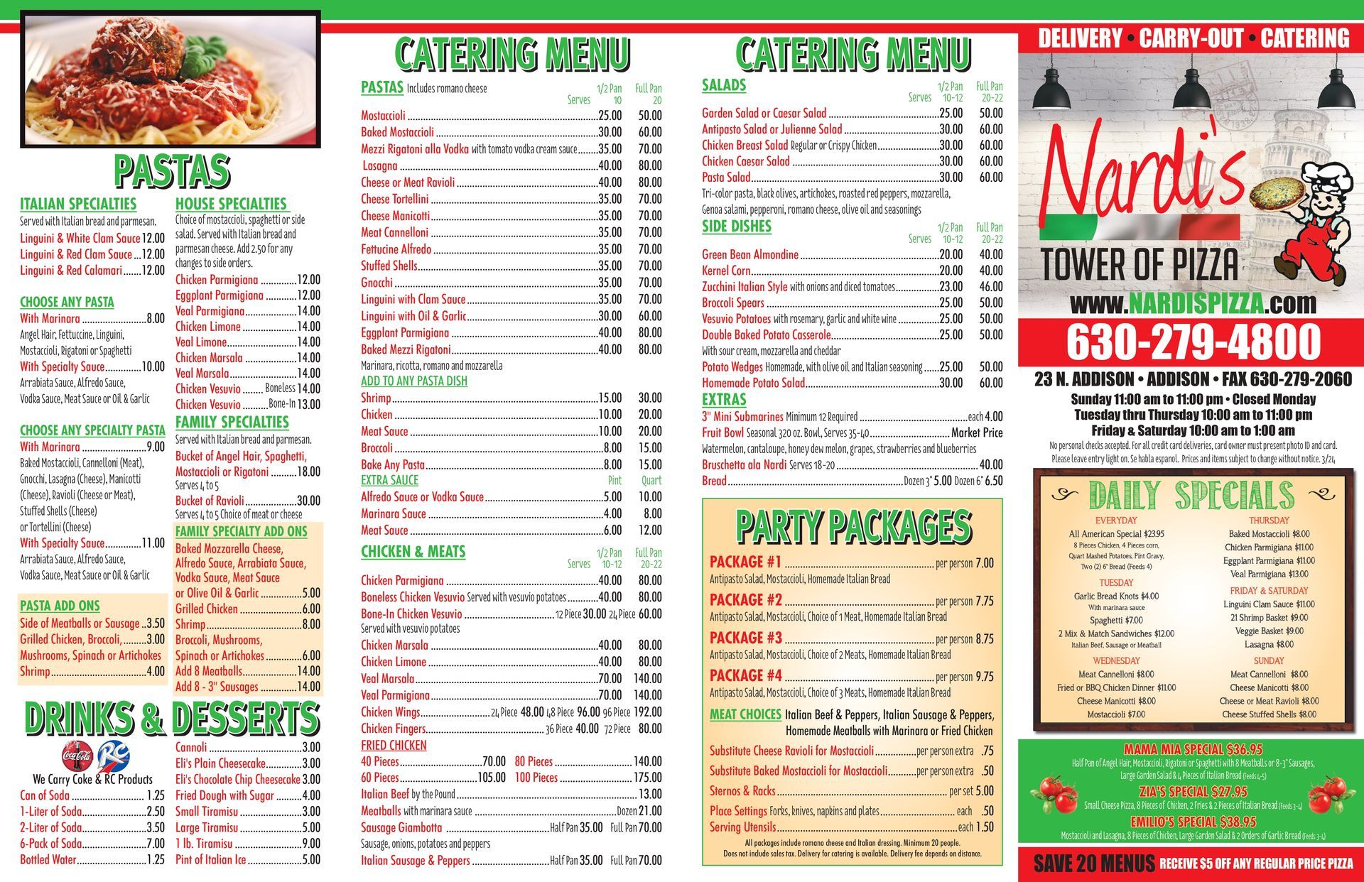 A menu for a restaurant called north 's tower of pizza