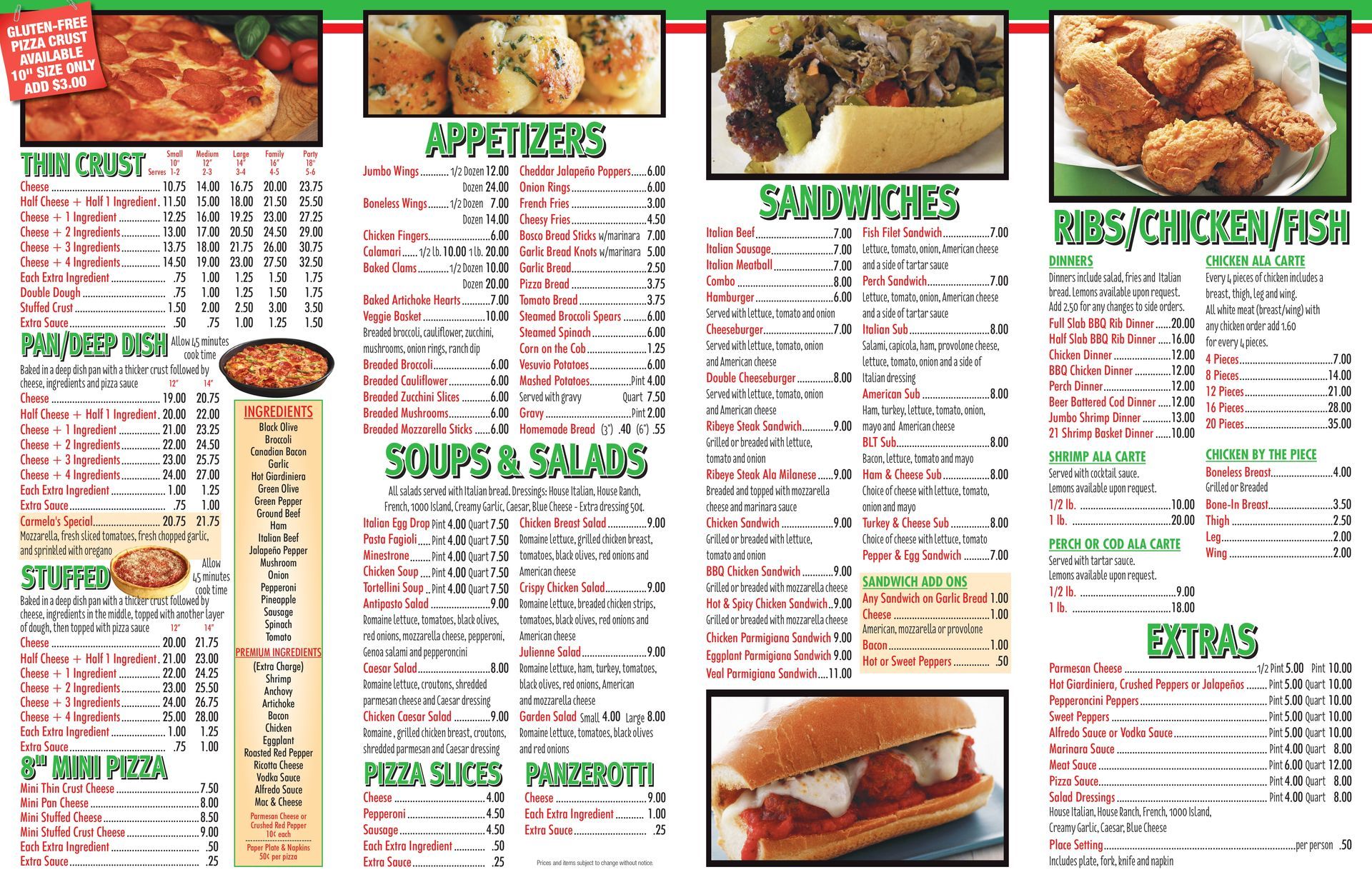 A menu for a restaurant with a variety of food on it