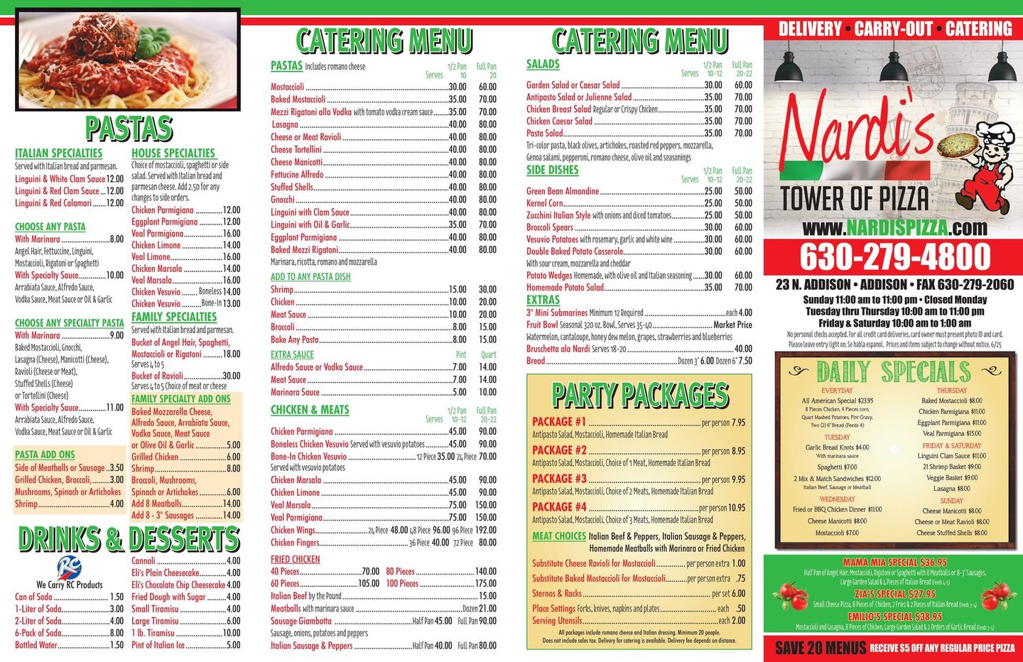 A menu for a restaurant called north 's tower of pizza