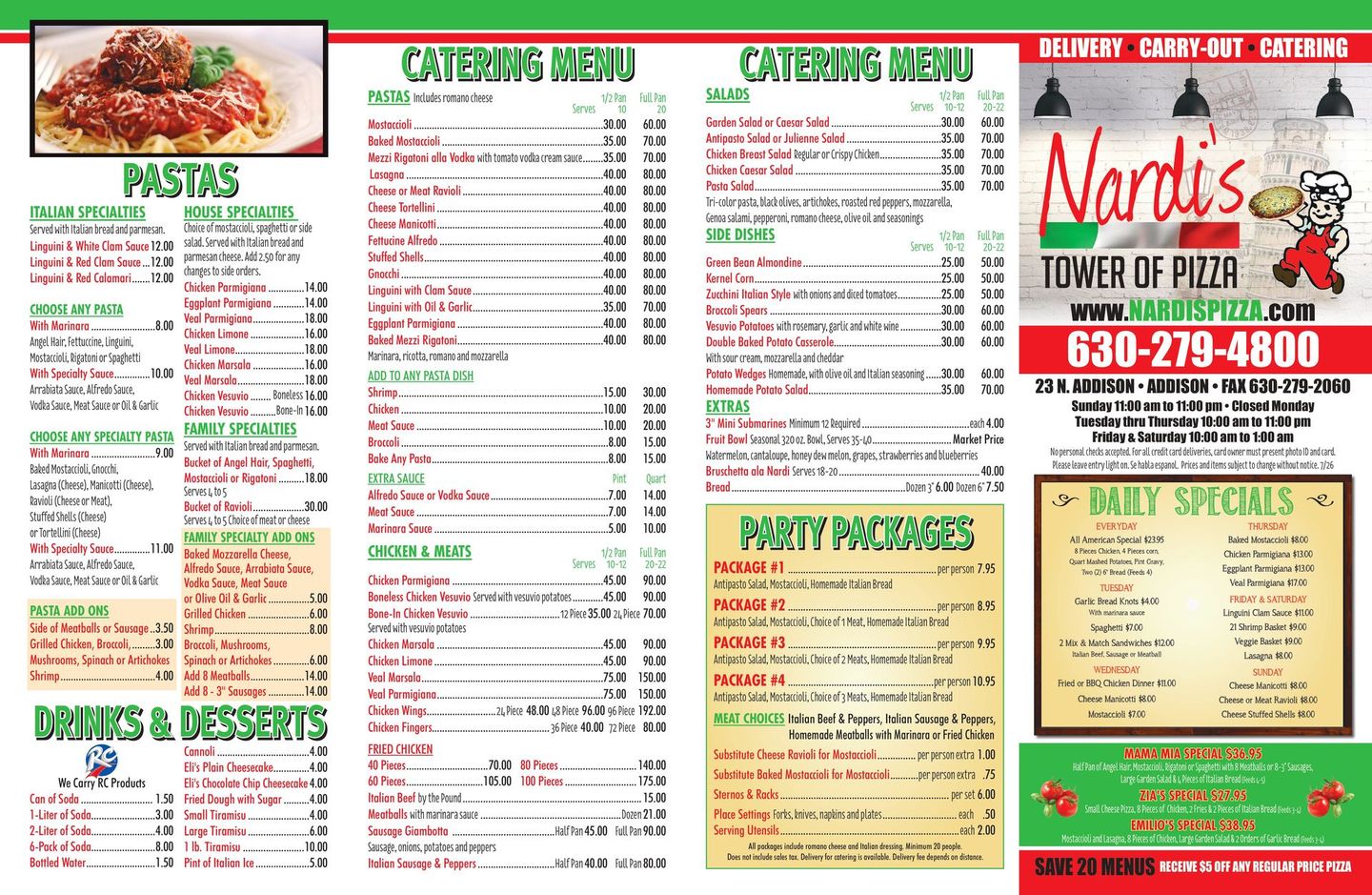A menu for a restaurant called north 's tower of pizza