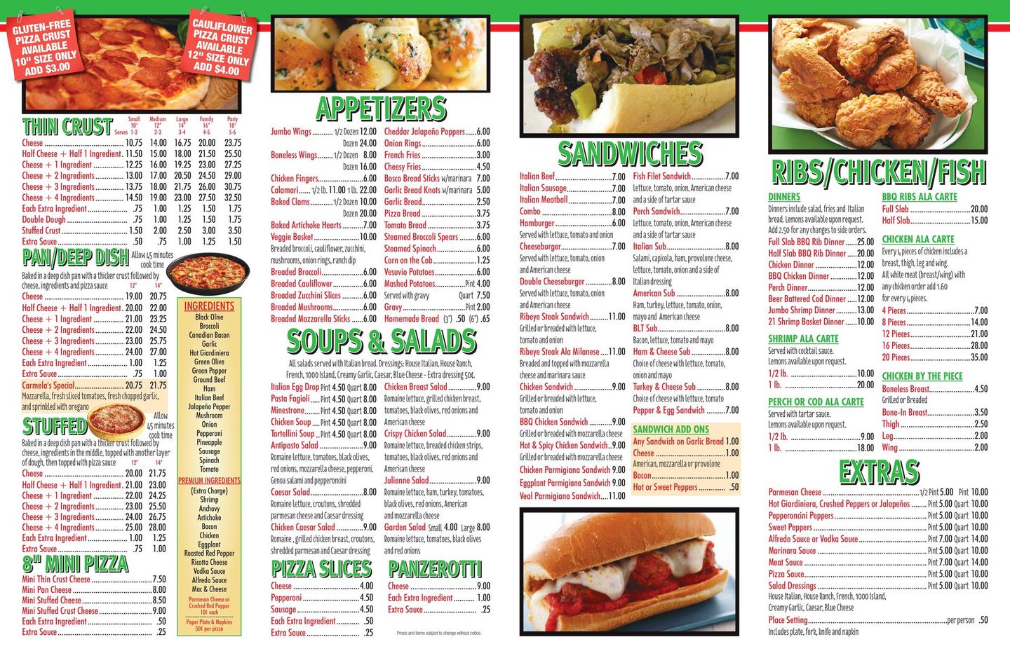 A menu for a restaurant with a variety of food on it