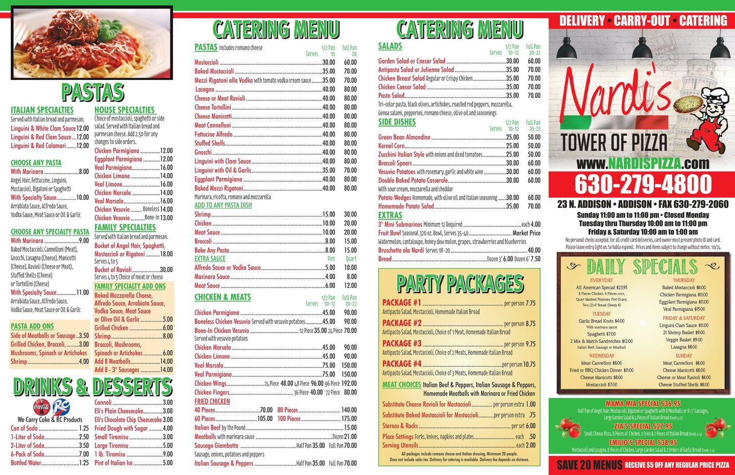 A menu for a restaurant called north 's tower of pizza