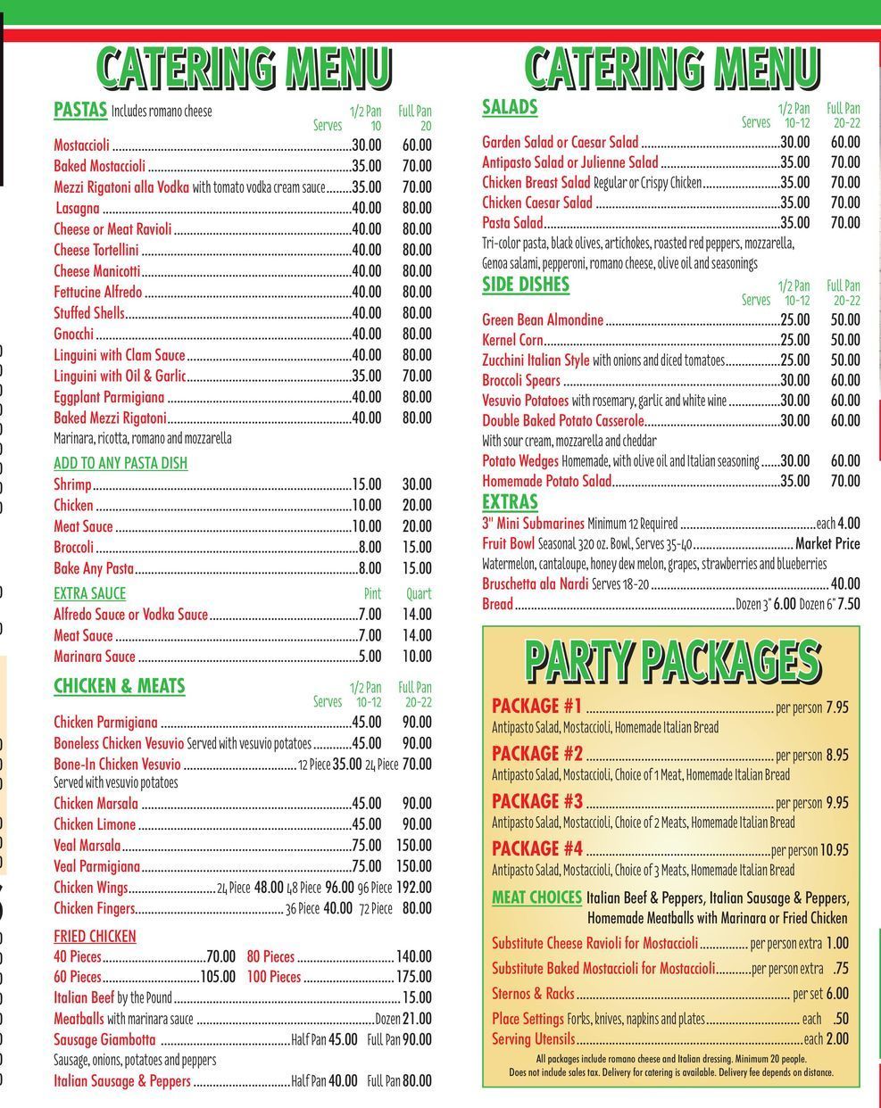 A menu for a restaurant with a catering menu and party packages.