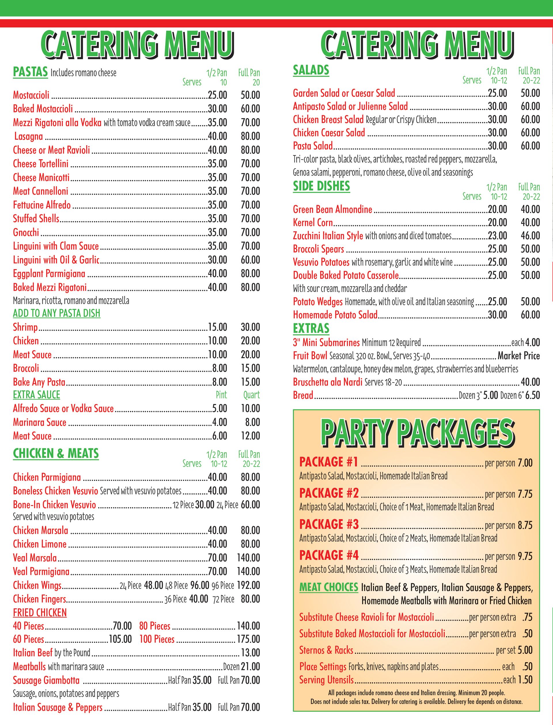 A menu for a restaurant with a catering menu and party packages.
