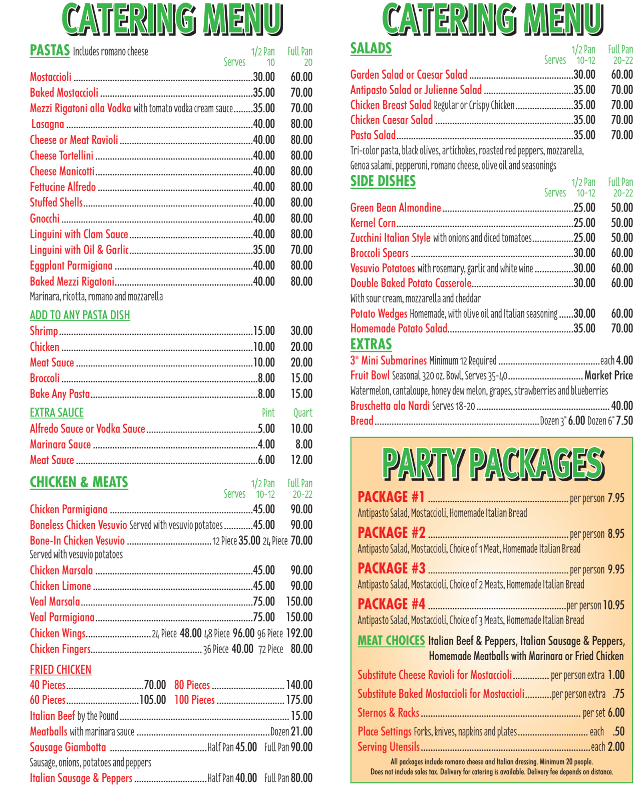 A menu for a restaurant with a catering menu and party packages.
