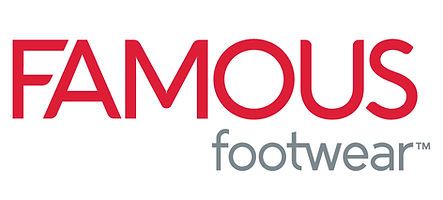 The logo for famous footwear is red and white on a white background.