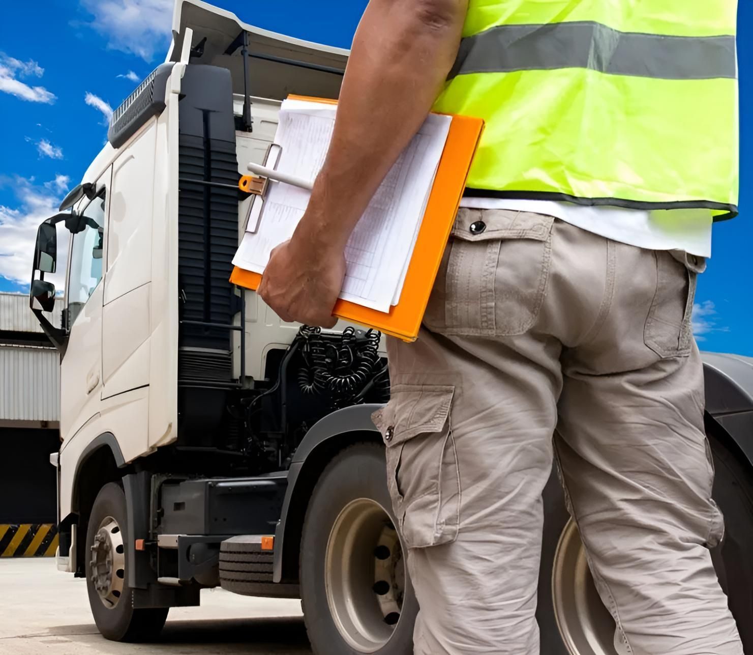 A Man in a Yellow Vest is Holding a Clipboard in Front of a Truck — Truck Training and Assessments In Umina Beach, NSW