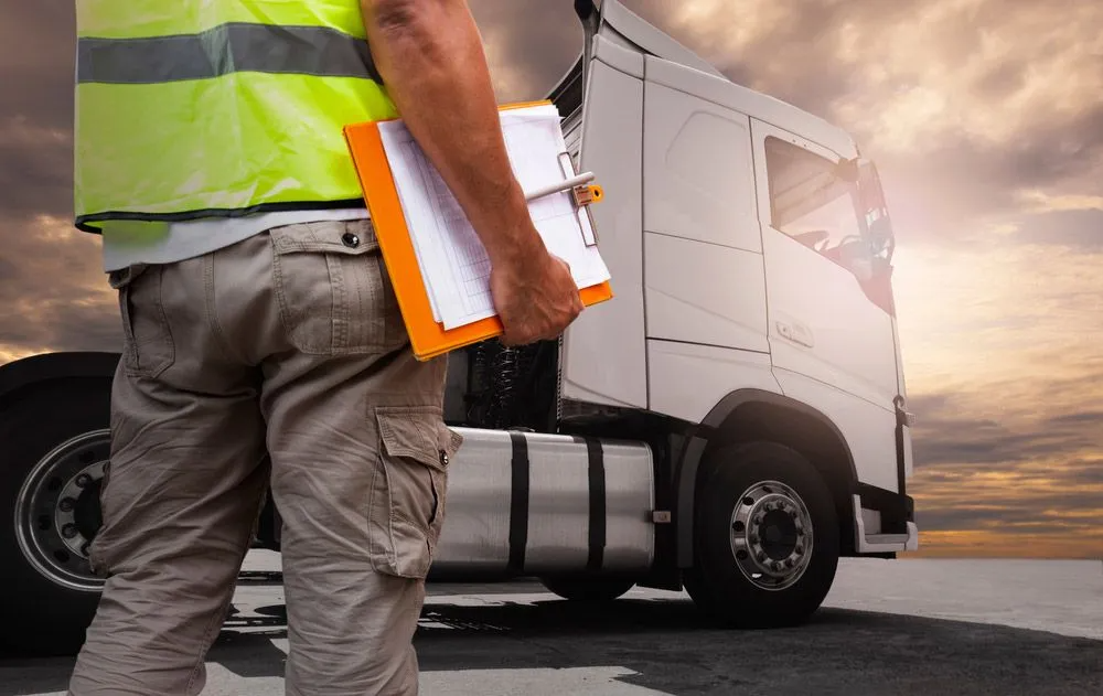 A Man is Holding a Clipboard in Front of a Truck — Truck Training and Assessments In Umina Beach, NSW