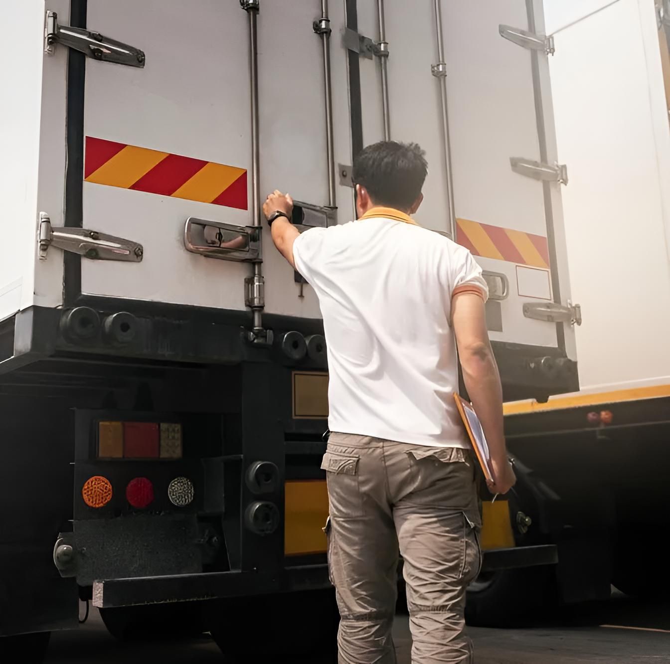 A Man is Standing in Front of a Truck Holding a Clipboard — Truck Training and Assessments In Umina Beach, NSW