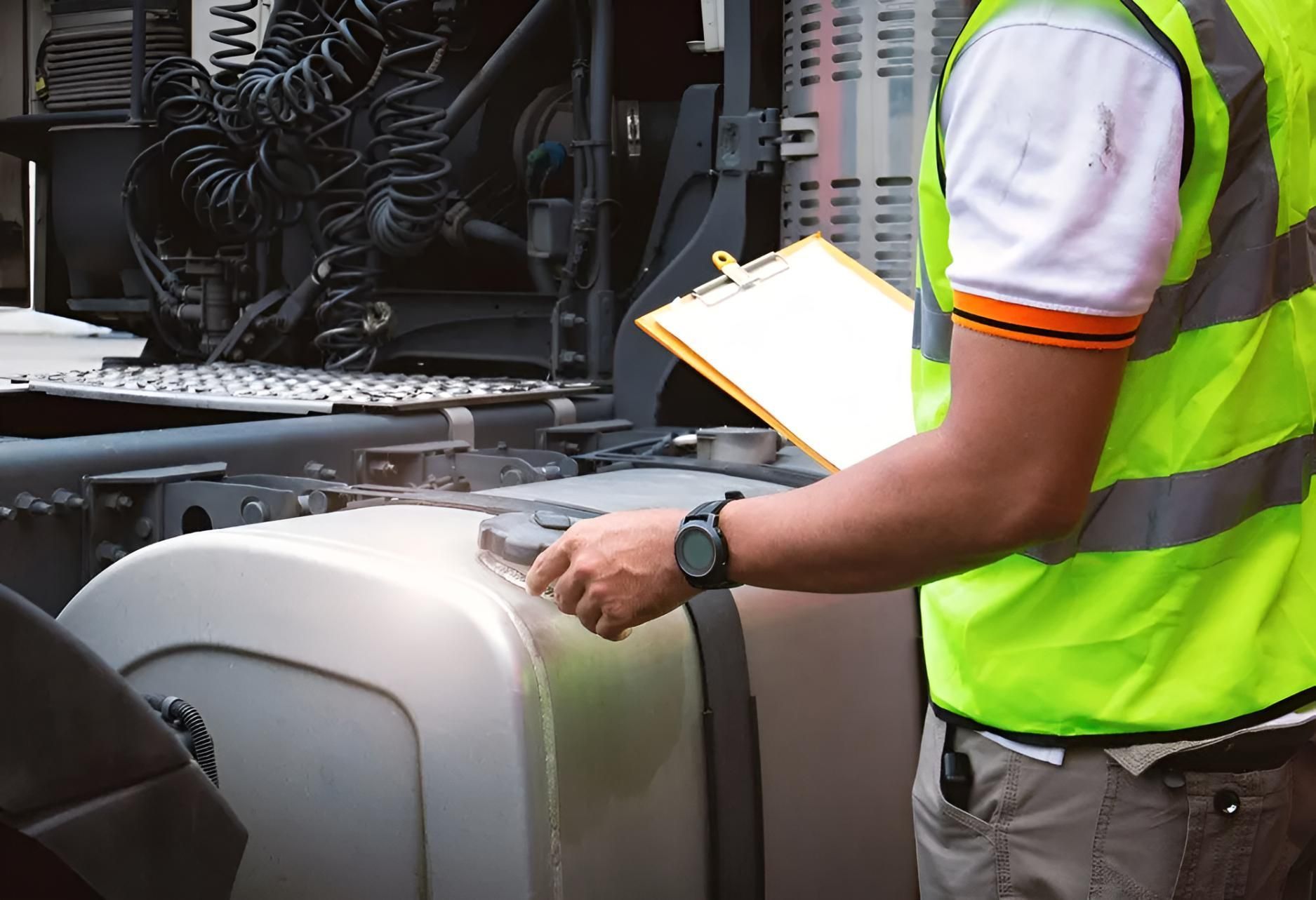 A Man in a Yellow Vest is Standing Next to a Truck Holding a Clipboard — Truck Training and Assessments In Umina Beach, NSW