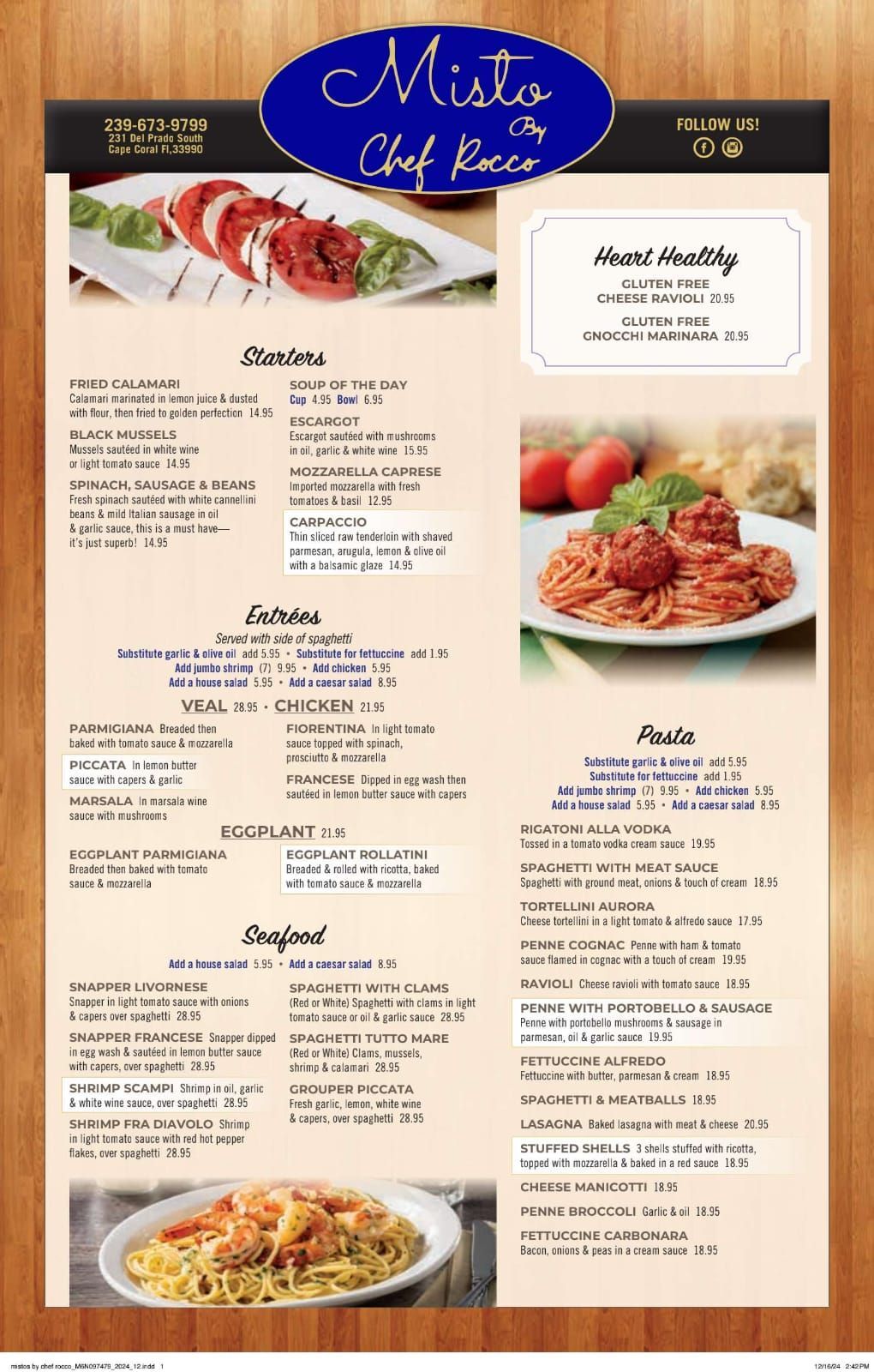 A menu for a restaurant called misto by chef ricco