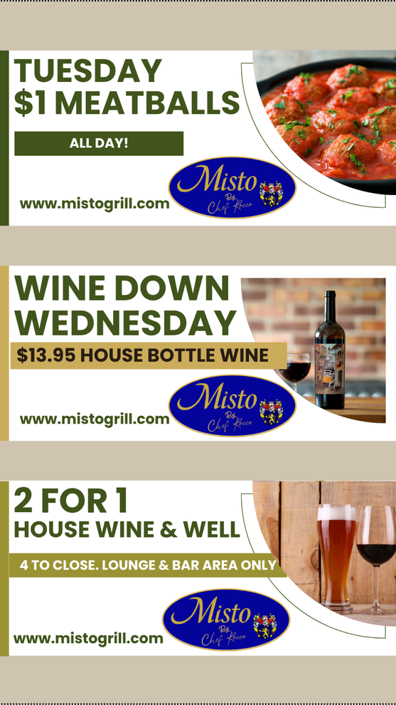 A collage of three advertisements for a restaurant called Misto by Chef Rocco Cape Coral Fl