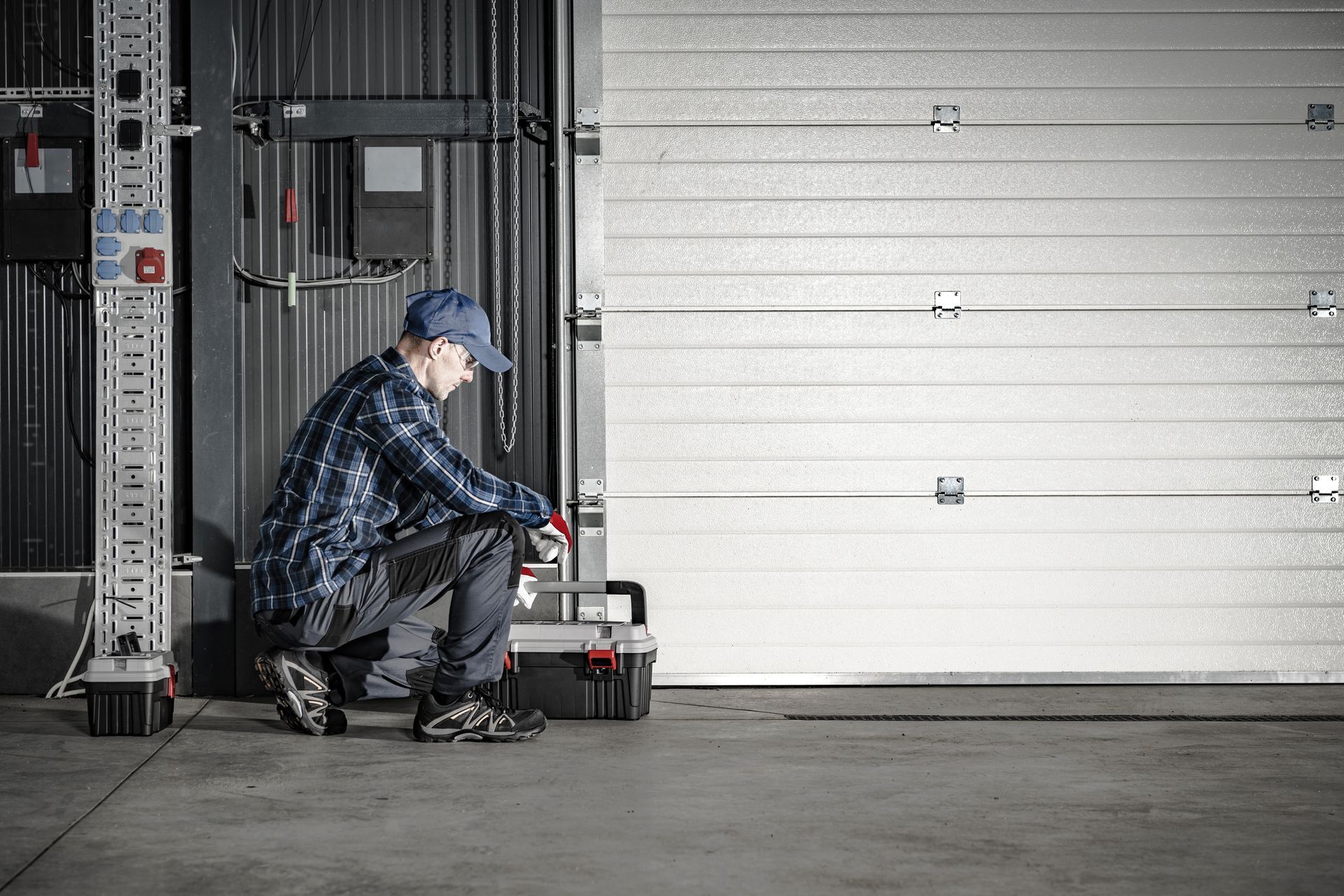 A man is kneeling down in front of a garage door.