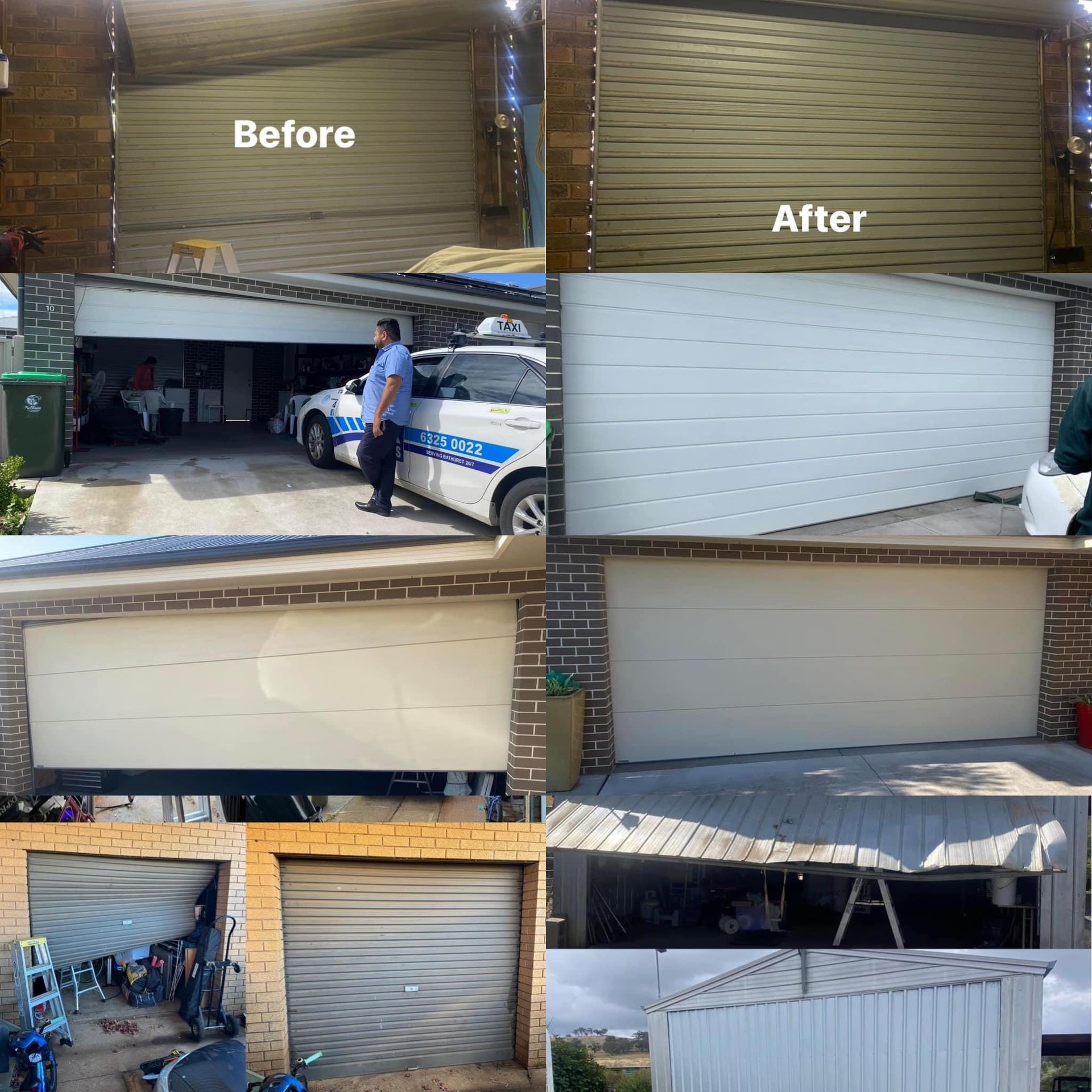 A before and after photo of a garage door
