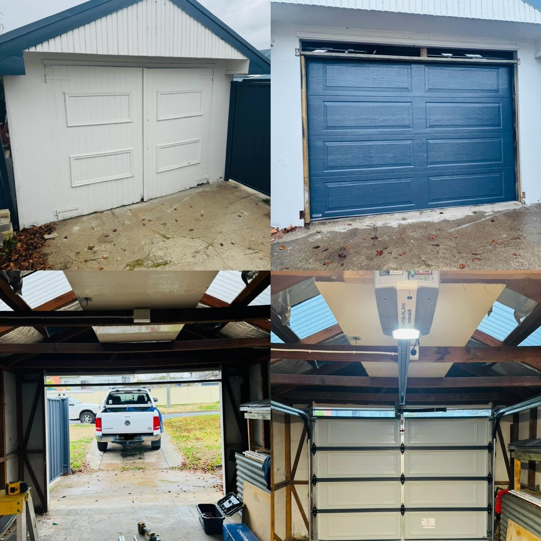 A picture of a garage door before and after being painted blue