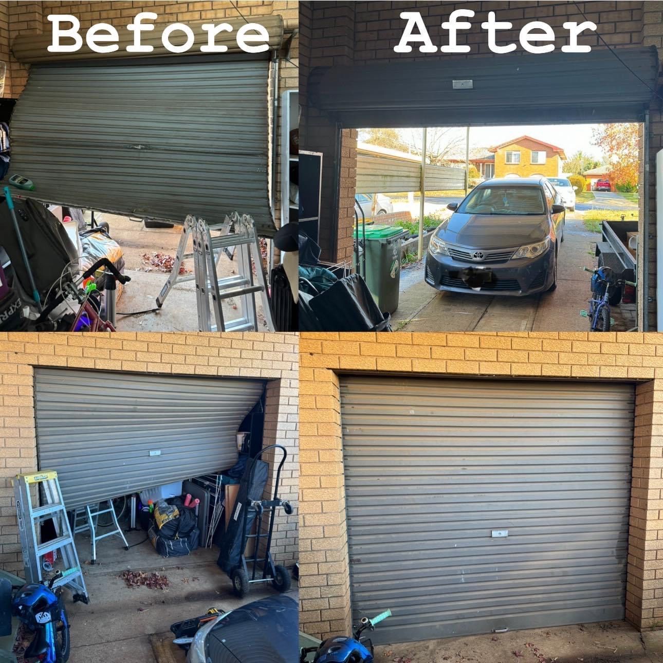 A before and after picture of a garage door