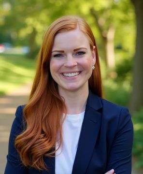 A smiling person with long auburn hair wearing a navy blue blazer over a white shirt in a sunlit, wooded outdoor setting.