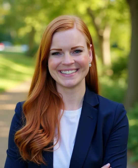 A person with long red hair wearing a navy blazer smiles warmly in an outdoor, soft-focus green park setting.