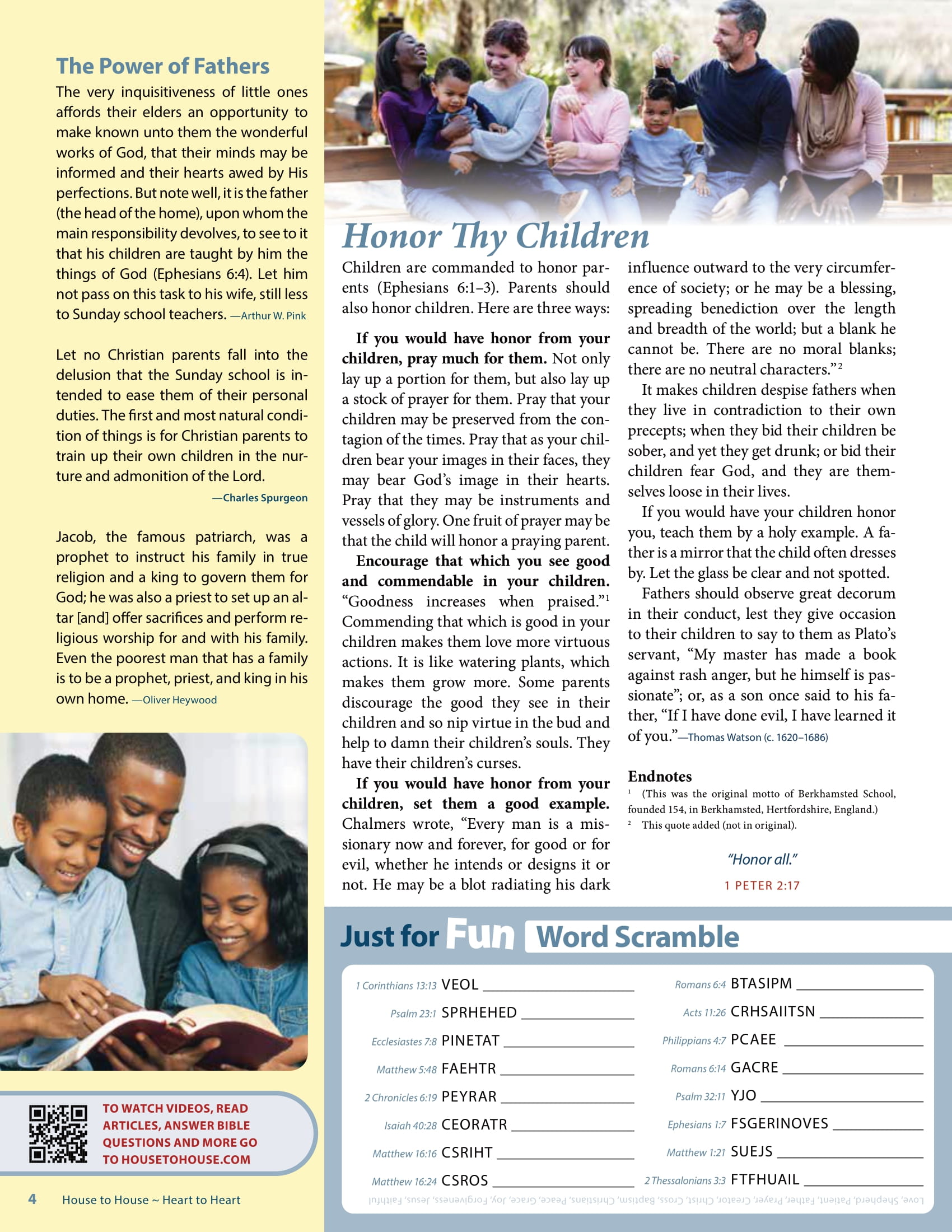 Family with children, reading a book together.