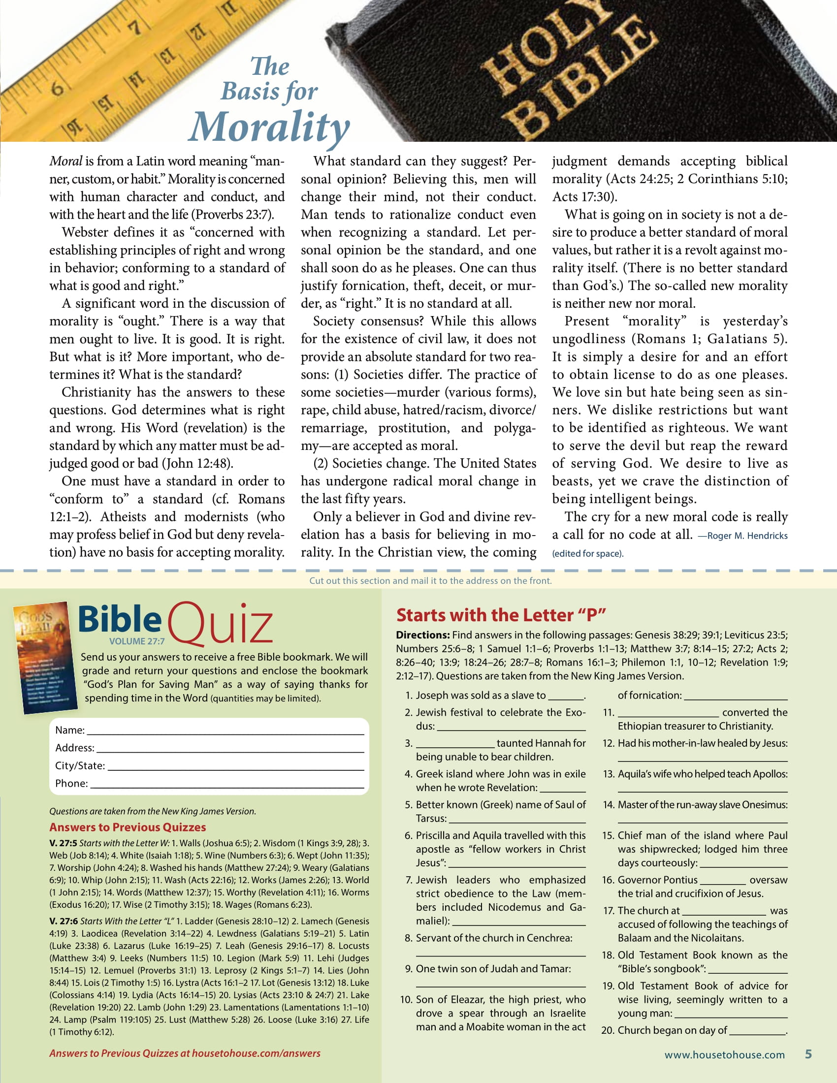 Page from a religious publication with text, ruler, and Bible. A Bible quiz and 