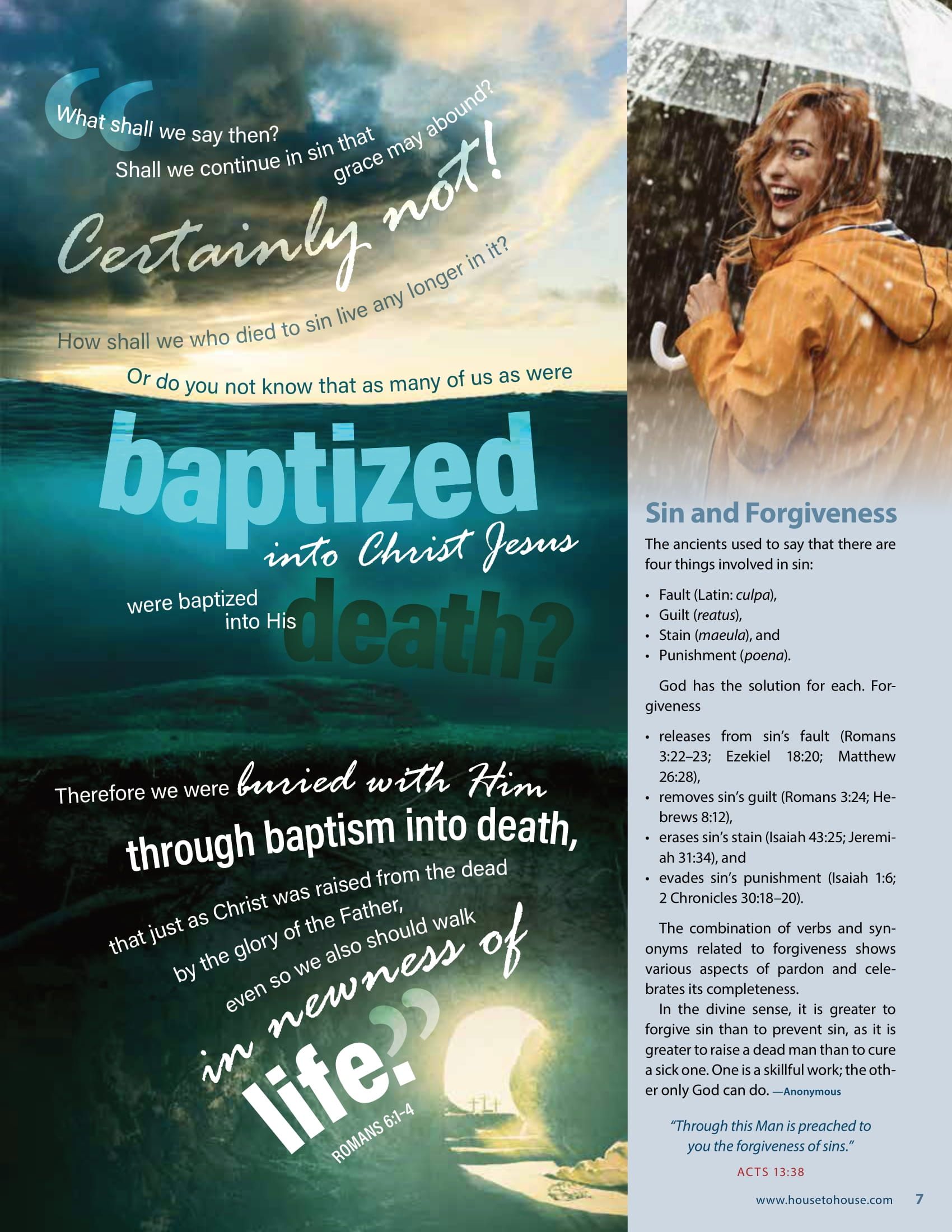 A person in a yellow coat with an umbrella and text about baptism and forgiveness.