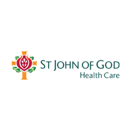 A logo for st john of god health care with a cross and a rose.