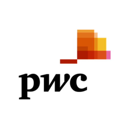 A pwc logo with a colorful block on a white background