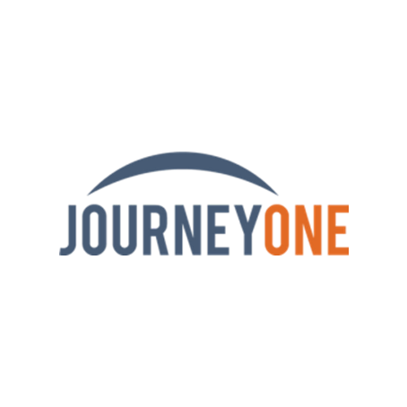 A blue and orange logo for journeyone on a white background