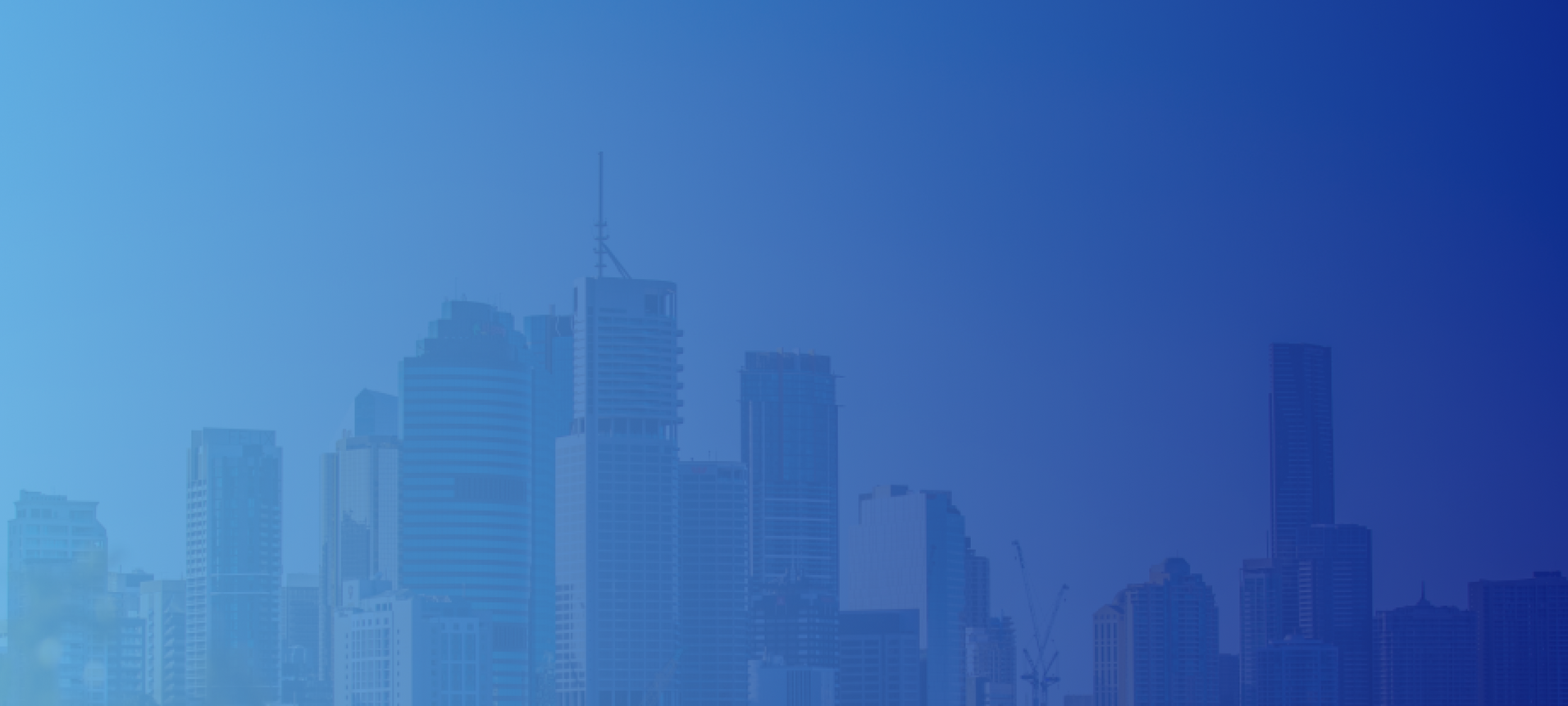 A silhouette of a city skyline on a blue background.