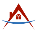 affordable roofing services red roof and house-shaped logo with a blue curved line underneath; a window is visible in the center